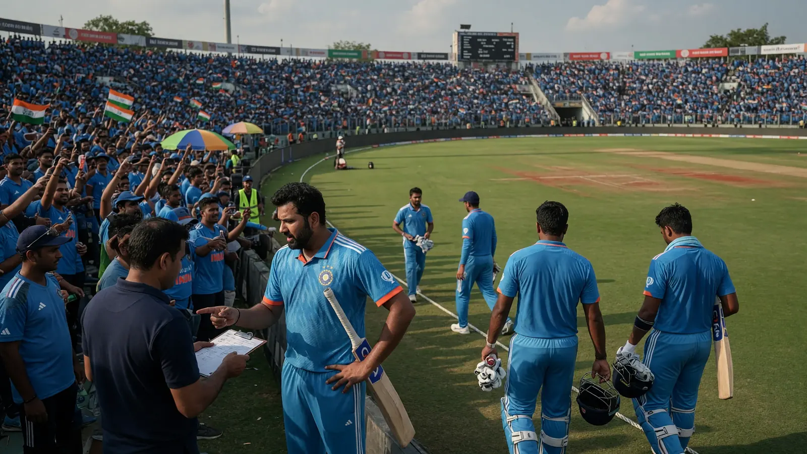 Wide daytime view of a packed international cricket stadium with the outfield and crowd visible under natural light