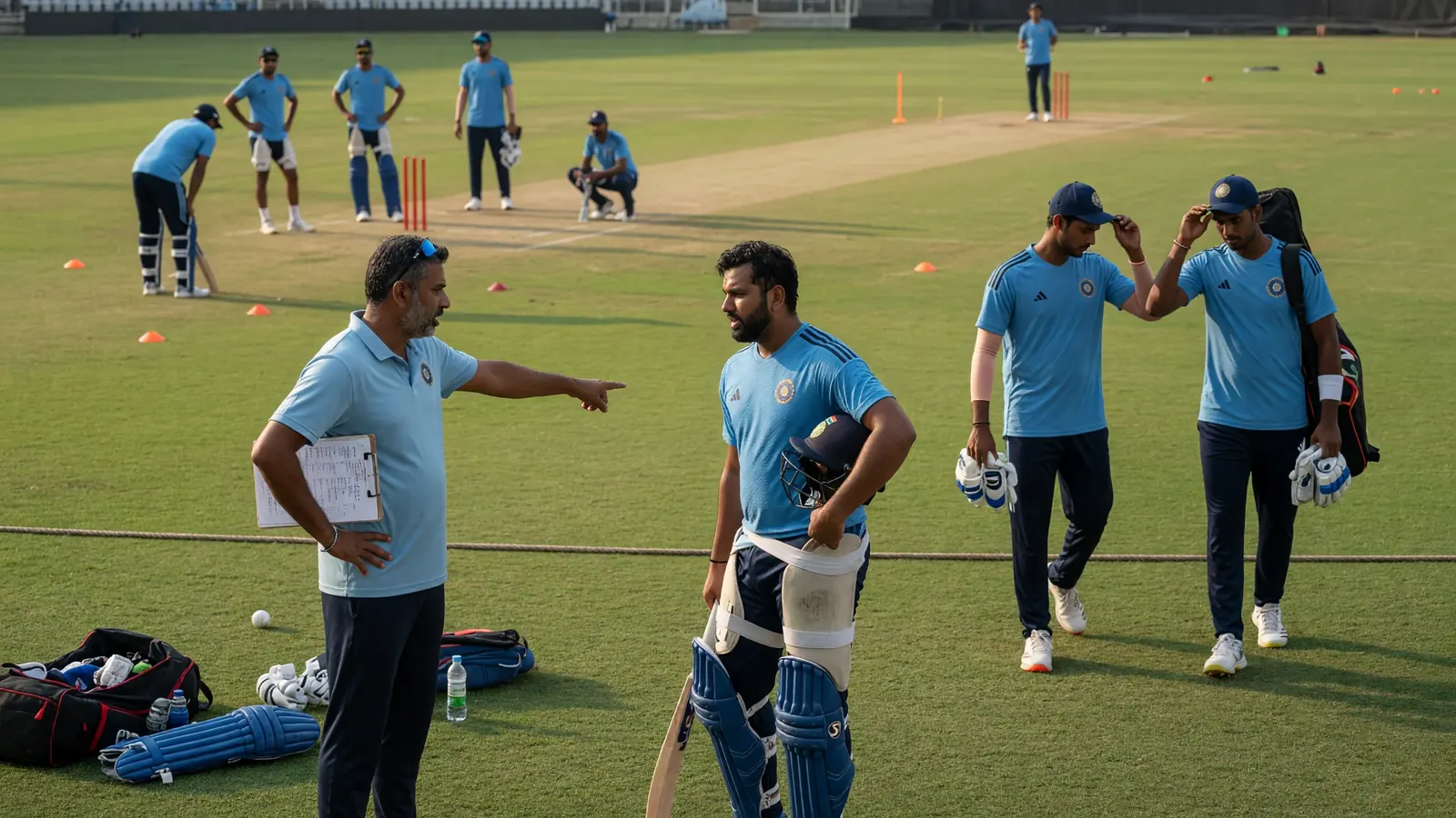 Medium view of fielders and bowler setting for a delivery during a white-ball international, showing tactical field placement