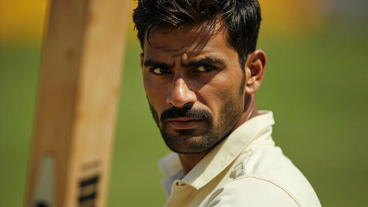 A tight sideline frame of a young Indian opener playing an aggressive lofted drive during a domestic white-ball match, the kind of shot that defined Aman Rao's 2025-26 Vijay Hazare Trophy campaign.