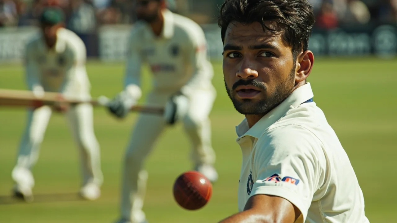 A medium shot of an Indian domestic white-ball match in progress, with fielders in position and an opener preparing to face a delivery, capturing the tactical setup that surrounds a Hyderabad powerplay.
