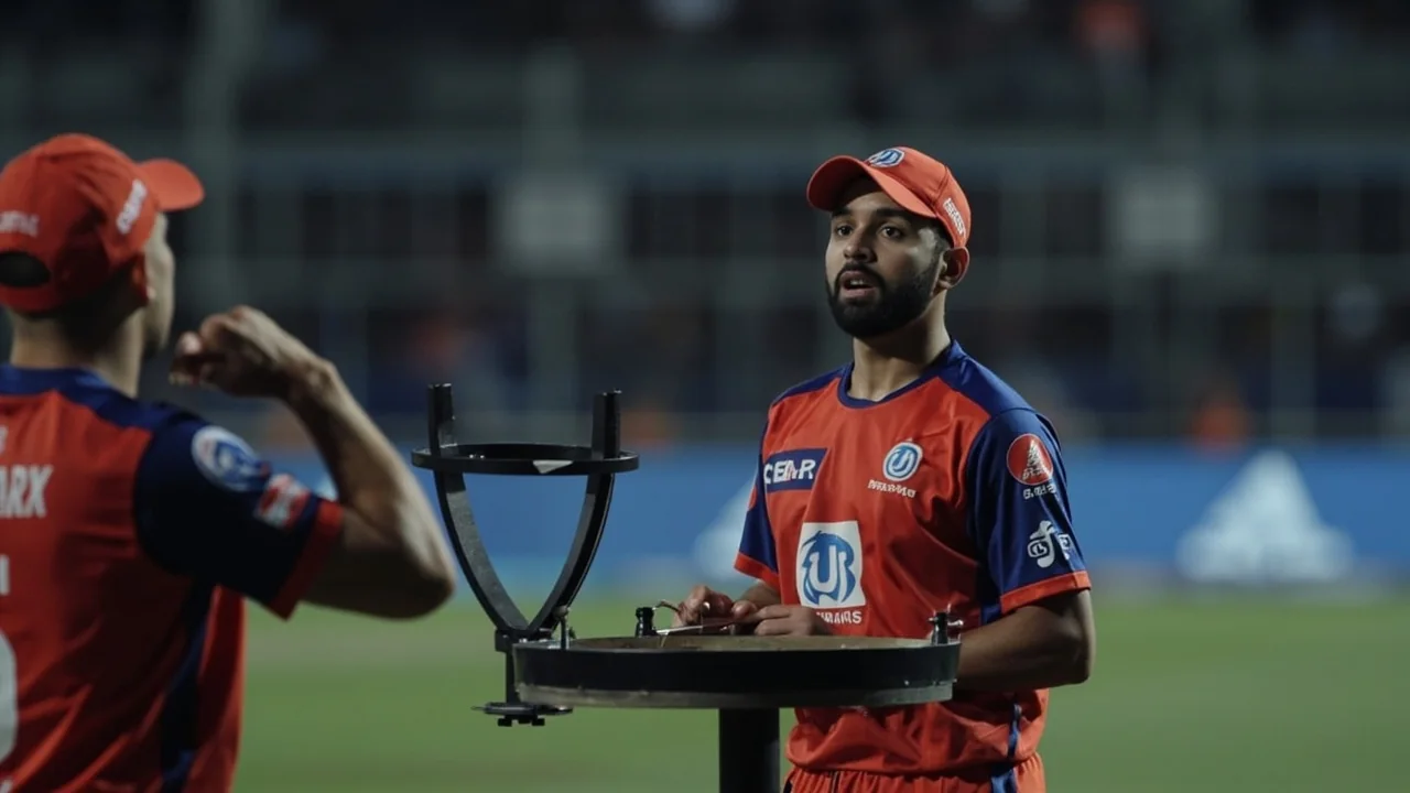 Medium shot of a captain setting the field and discussing bowling plans with a spinner during a TNPL evening fixture under lights.