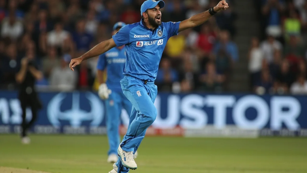 A tight sideline action frame of an India bowler running in to deliver during a white-ball match, capturing the kind of new-ball moment Jofra Archer and Jasprit Bumrah are expected to produce at Edgbaston.
