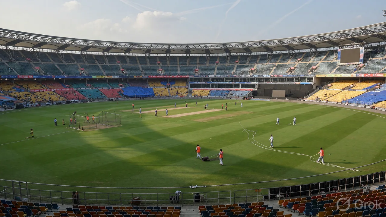 A cricket newsroom desk showing wire monitors, a notepad and a press-release folder for an IPL match