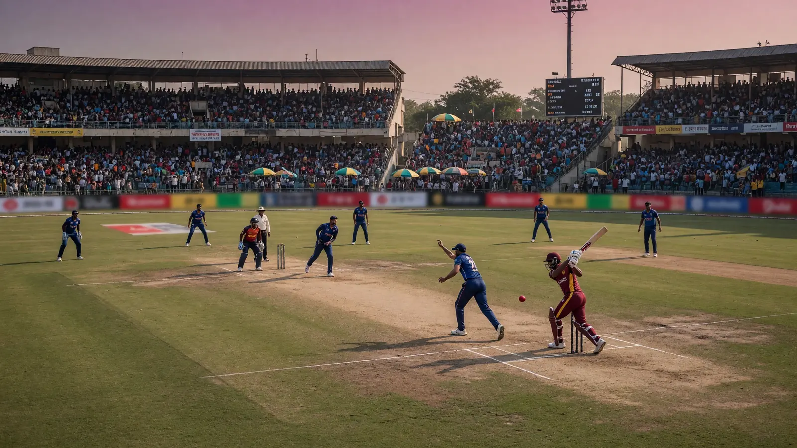 Wide daytime view of a packed Delhi cricket stadium with green outfield and layered stands, the kind of setting that hosts SDS vs EDR in DPL 2026 Match 2.