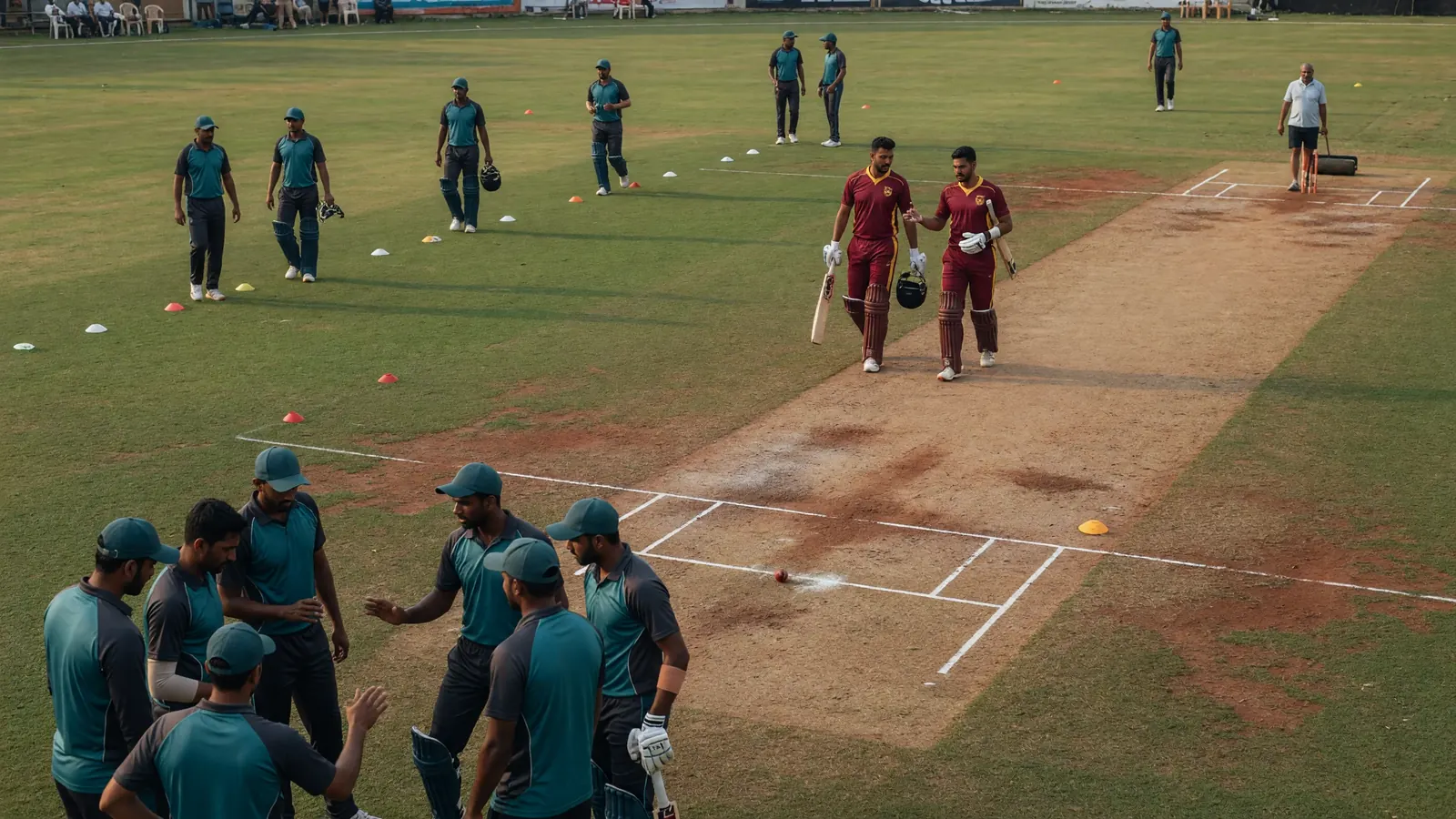 Medium shot of fielders and a bowler setting an attacking ring on a sunny cricket ground before a delivery.